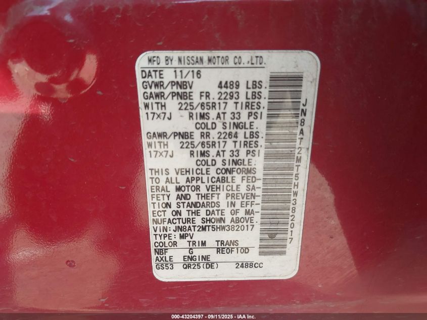 2017 NISSAN ROGUE SV - JN8AT2MT5HW382017