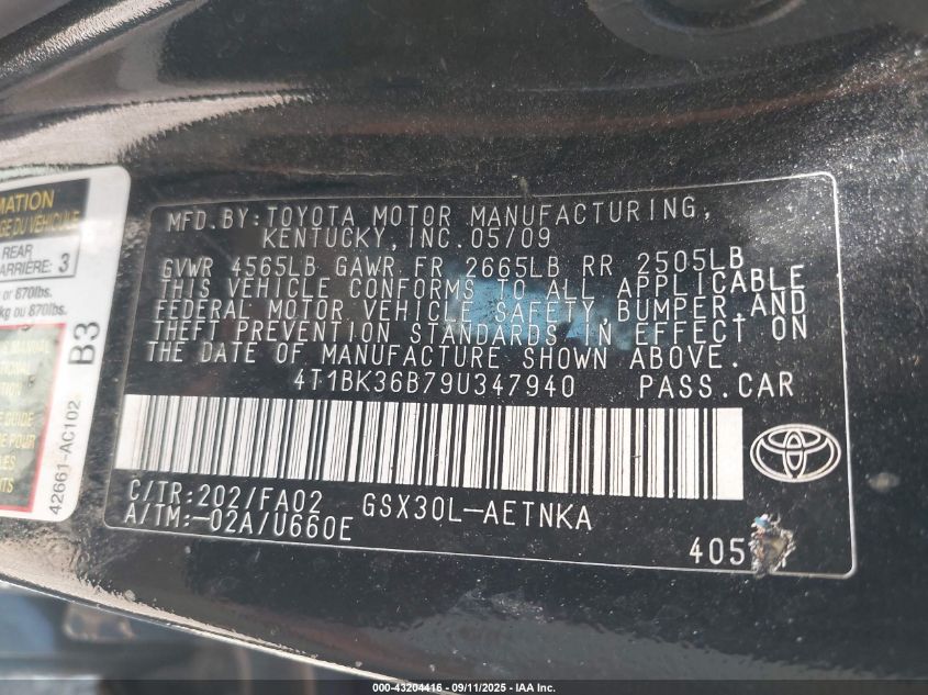 2009 Toyota Avalon Xl VIN: 4T1BK36B79U347940 Lot: 43204416