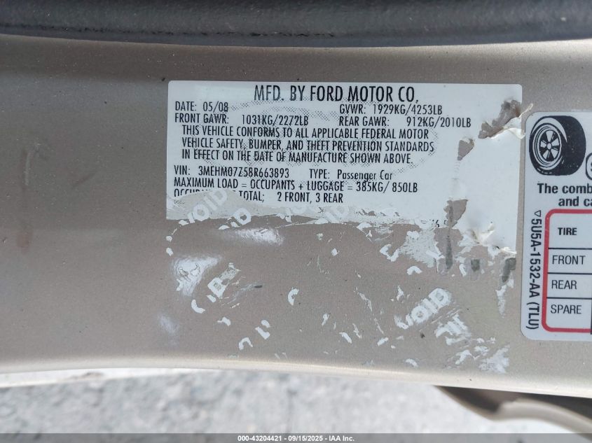 2008 Mercury Milan I4 VIN: 3MEHM07Z58R663893 Lot: 43204421