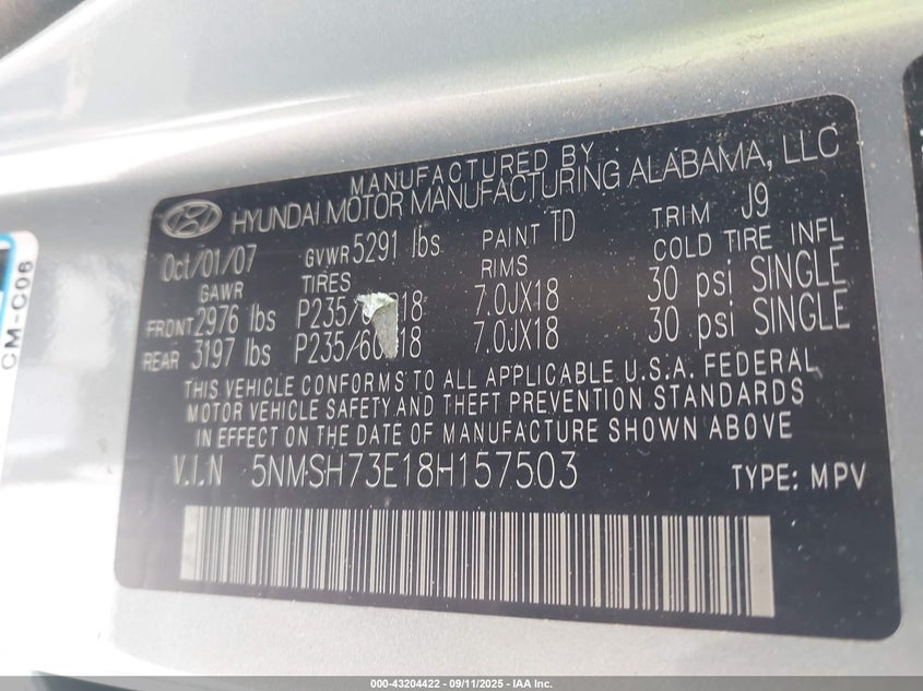 2008 Hyundai Santa Fe VIN: 5NMSH7EE18H15750 Lot: 43204422