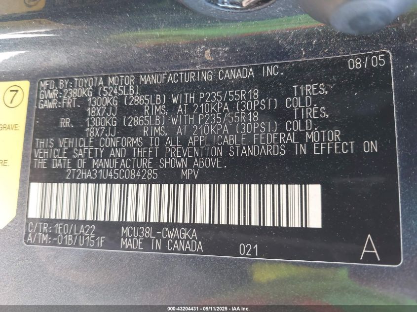 2005 Lexus Rx 330 VIN: 2T2HA31U45C084285 Lot: 43204431