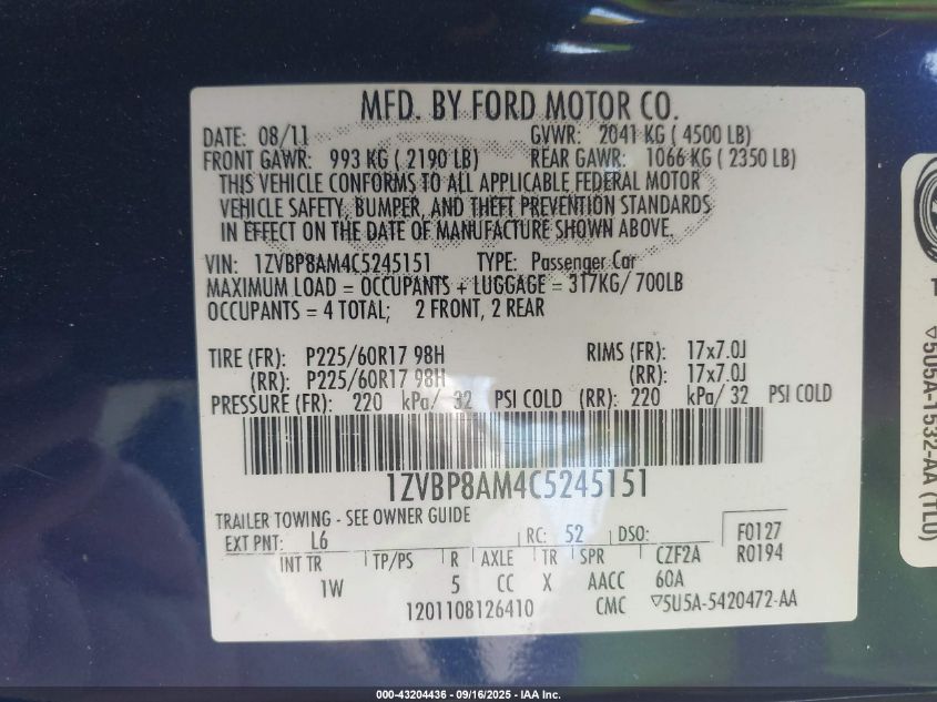 2012 Ford Mustang V6 VIN: 1ZVBP8AM4C5245151 Lot: 43204436