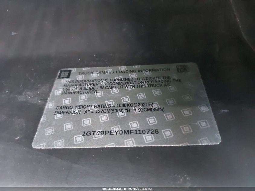 2021 GMC Sierra 2500Hd 4Wd Standard Bed At4 VIN: 1GT49PEY0MF110726 Lot: 43204444