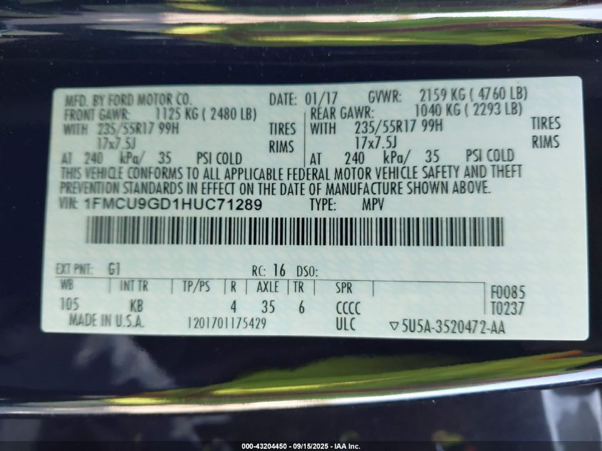 2017 Ford Escape Se VIN: 1FMCU9GD1HUC71289 Lot: 43204450