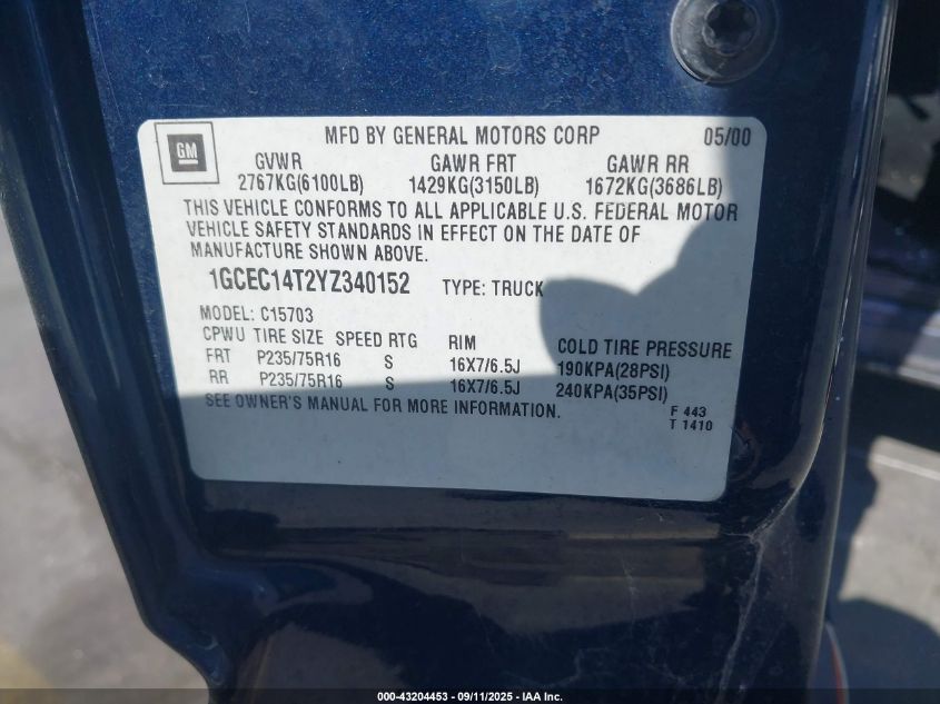 2000 Chevrolet Silverado 1500 Ls VIN: 1GCEC14T2YZ340152 Lot: 43204453