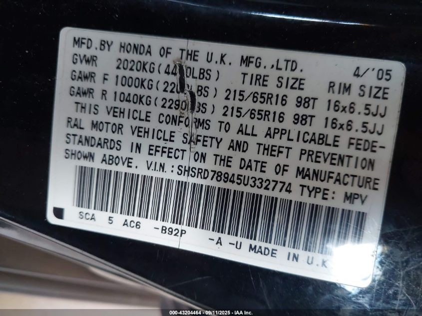 2005 Honda Cr-V Se VIN: SHSRD78945U332774 Lot: 43204464