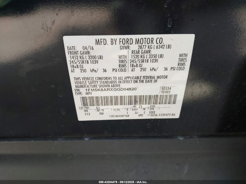 2016 Ford Police Interceptor VIN: 1FM5K8ARXGGD04820 Lot: 43204479