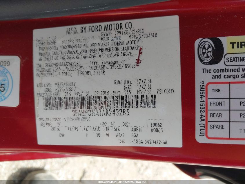 2010 Ford Fusion Se VIN: 3FAHP0HA1AR243285 Lot: 43204501