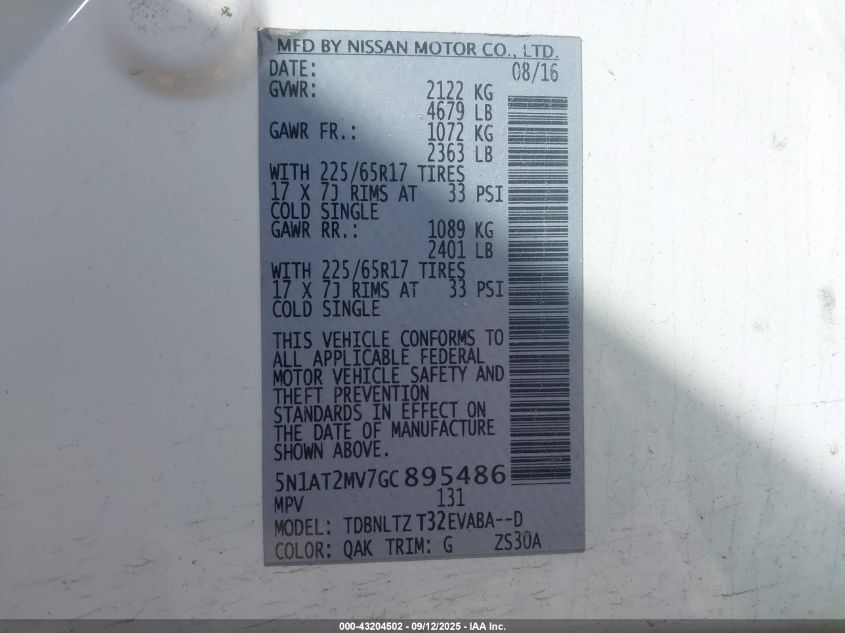 2016 Nissan Rogue Sv VIN: 5N1AT2MV7GC895486 Lot: 43204502