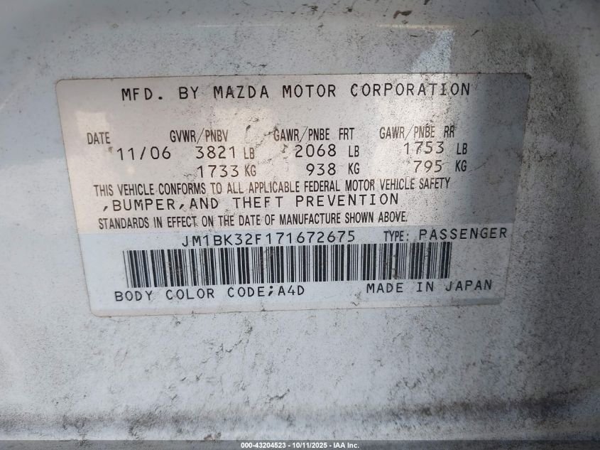 2007 Mazda 3 I VIN: JM1BK32F171672675 Lot: 43204523