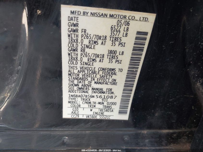 2006 Nissan Titan Se VIN: 1N6BA07B56N561087 Lot: 43204526