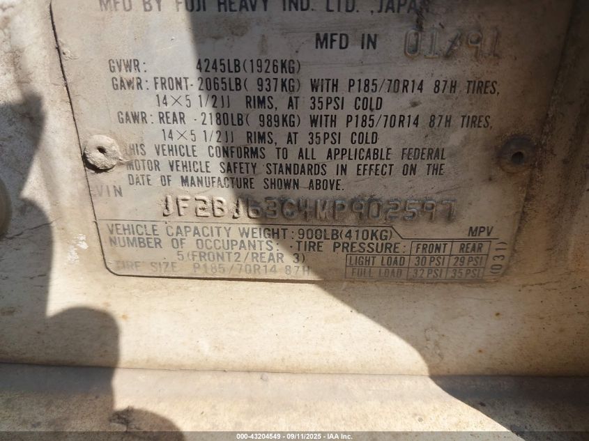 1991 Subaru Legacy L/Hx/Px/Rx VIN: JF2BJ63C4MP902597 Lot: 43204549