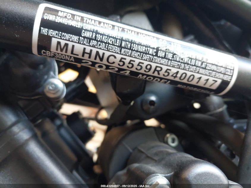 2024 Honda Cbf300 Na VIN: MLHNC5559R5400117 Lot: 43204557