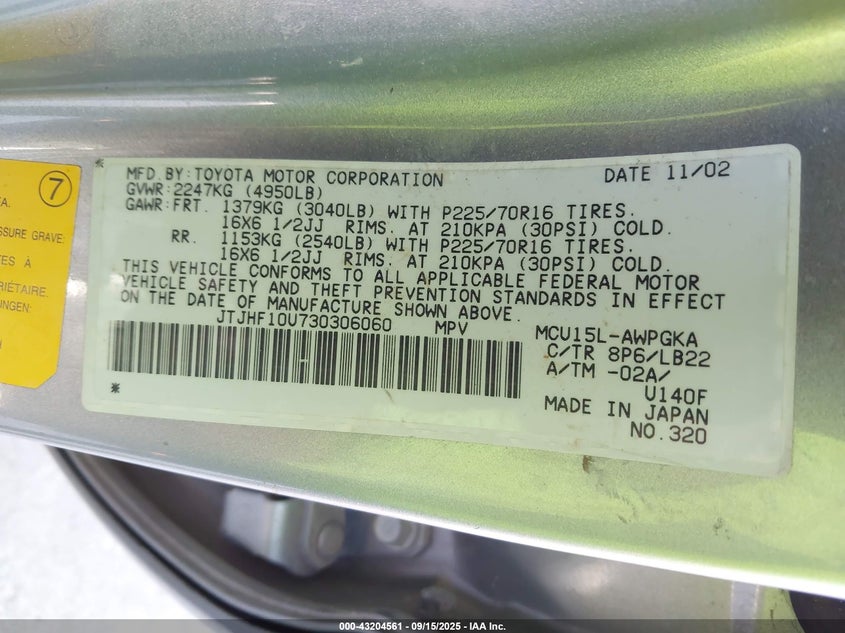 2003 Lexus Rx 300 VIN: JTJHF10U730306060 Lot: 43204561