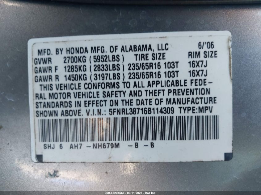 2006 Honda Odyssey Exl VIN: 5FNRL38716B114309 Lot: 43204566