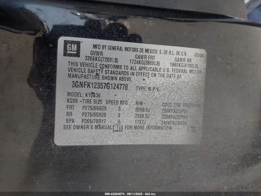 2007 Chevrolet Avalanche 1500 Ltz VIN: 3GNFK12357G124778 Lot: 43204570