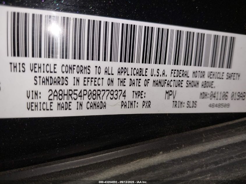 2008 Chrysler Town & Country Touring VIN: 2A8HR54P08R779374 Lot: 43204593