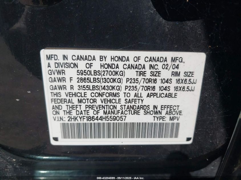 2004 Honda Pilot Ex-L VIN: 2HKYF18644H559057 Lot: 43204599