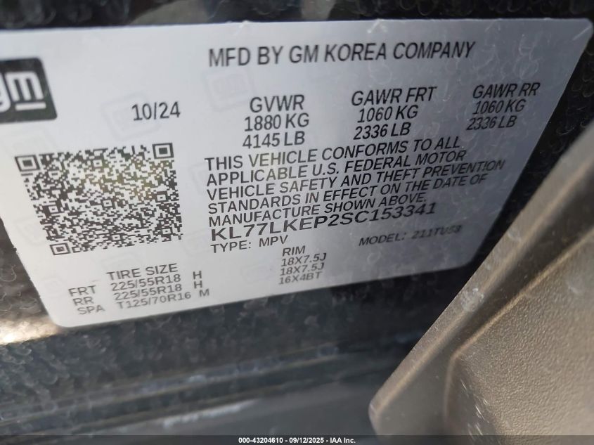 2025 Chevrolet Trax Fwd Activ VIN: KL77LKEP2SC153341 Lot: 43204610