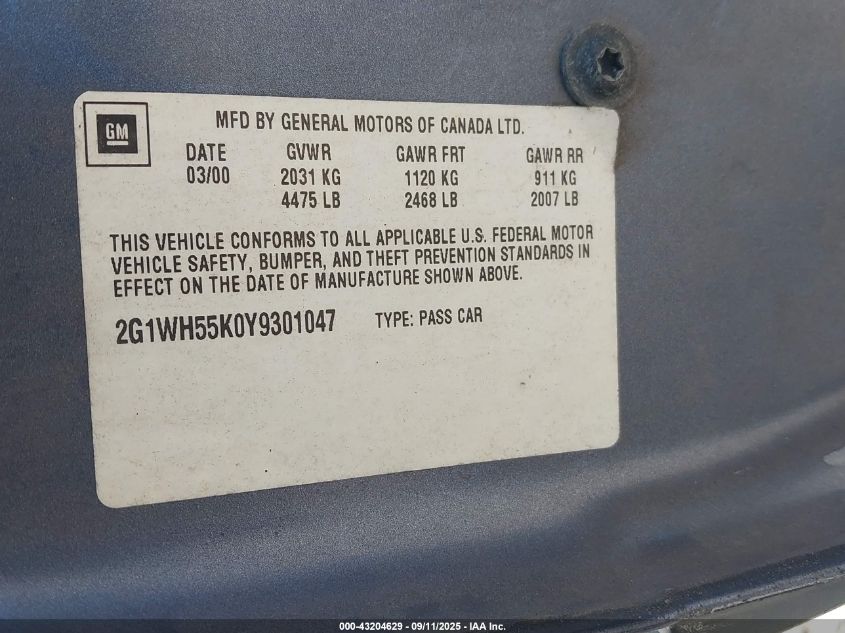 2000 Chevrolet Impala Ls VIN: 2G1WH55K0Y9301047 Lot: 43204629