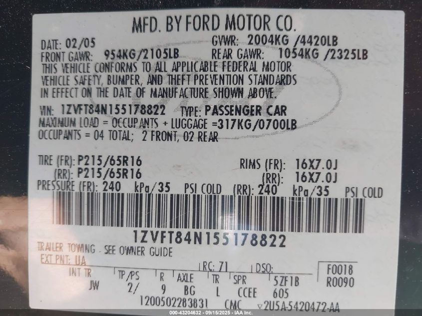 2005 Ford Mustang VIN: 1ZVFT84N155178822 Lot: 43204632