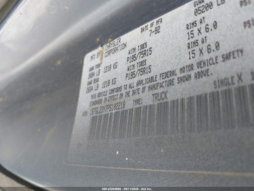 1993 Dodge Dakota VIN: 1B7GL23Y7PS102218 Lot: 43204668