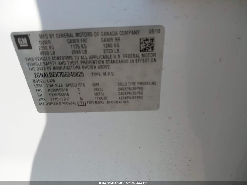 2016 Chevrolet Equinox Ltz VIN: 2GNALDEK7G6349825 Lot: 43204697