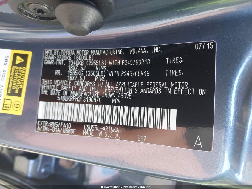 2015 Toyota Highlander Le Plus V6 VIN: 5TDBKRFH3FS190970 Lot: 43204698