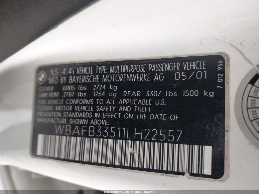 2001 BMW X5 4.4 VIN: WBAFB33511LH22557 Lot: 43204713