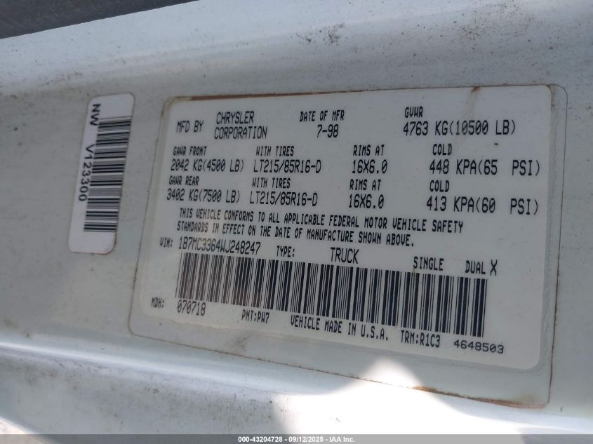 1998 Dodge Ram 3500 St VIN: 1B7MC3364WJ248247 Lot: 43204728
