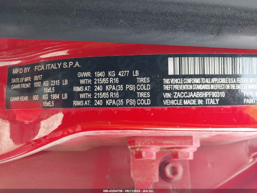 2017 Jeep Renegade Sport Fwd VIN: ZACCJAAB6HPF90310 Lot: 43204756