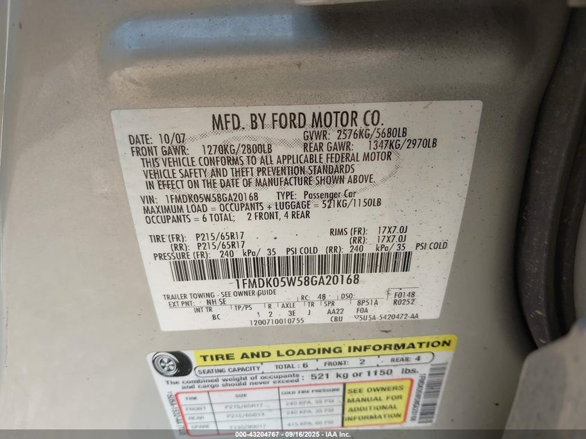 2008 Ford Taurus X Sel VIN: 1FMDK05W58GA20168 Lot: 43204767