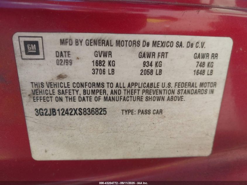 1999 Pontiac Sunfire Se VIN: 3G2JB1242XS836825 Lot: 43204772