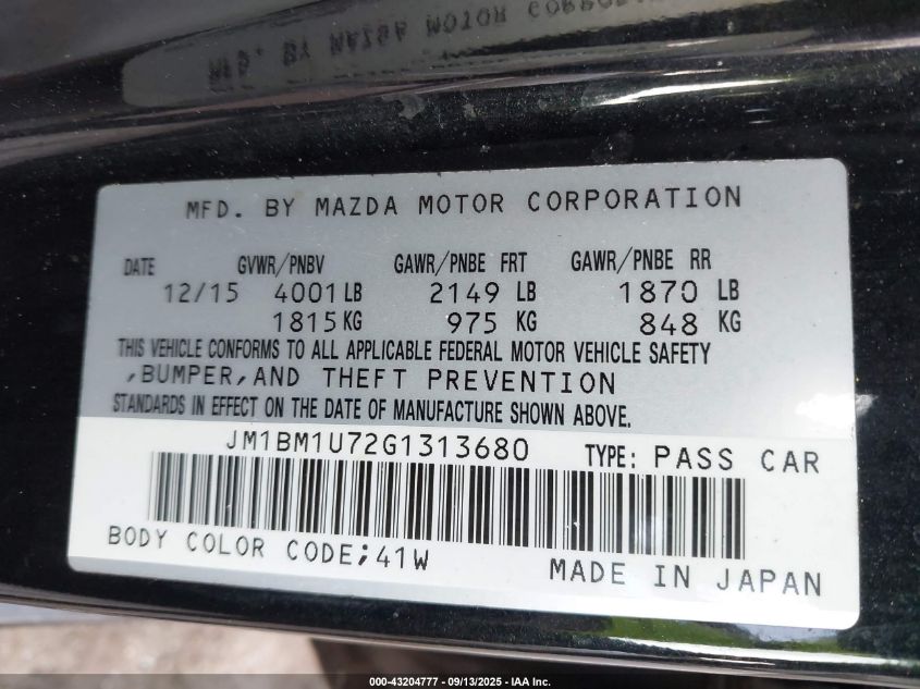 2016 Mazda Mazda3 I Sport VIN: JM1BM1U72G1313680 Lot: 43204777