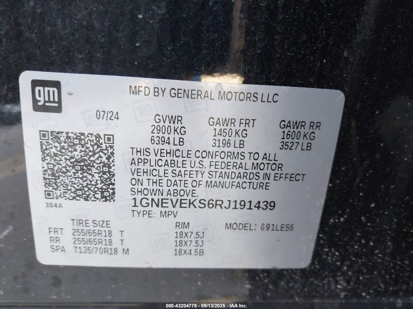 2024 Chevrolet Traverse Awd Ls VIN: 1GNEVEKS6RJ191439 Lot: 43204778