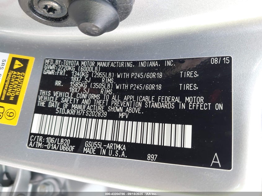 2015 TOYOTA HIGHLANDER XLE - 5TDJKRFH7F5202839