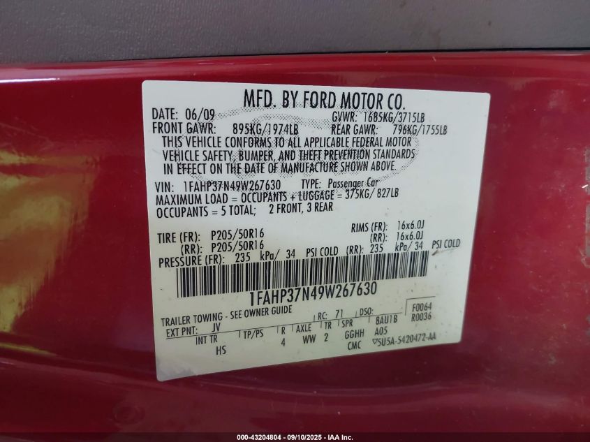 2009 Ford Focus Sel VIN: 1FAHP37N49W267630 Lot: 43204804