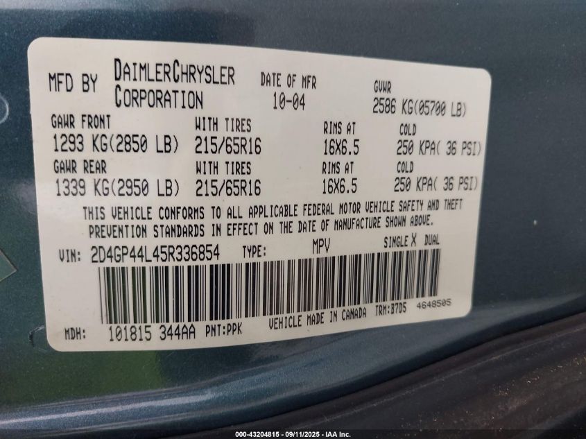 2005 Dodge Grand Caravan Sxt VIN: 2D4GP44L45R336854 Lot: 43204815