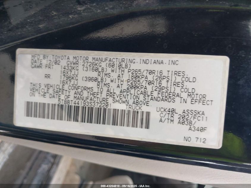 2003 Toyota Tundra Sr5 V8 VIN: 5TBBT44193S372201 Lot: 43204818