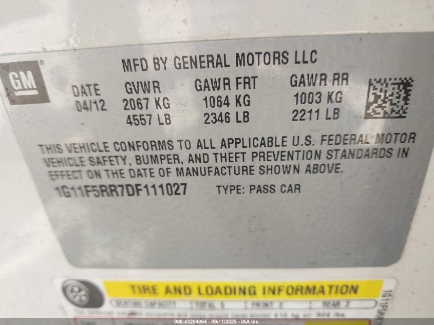 2013 Chevrolet Malibu Eco Premium Audio VIN: 1G11F5RR7DF111027 Lot: 43204864