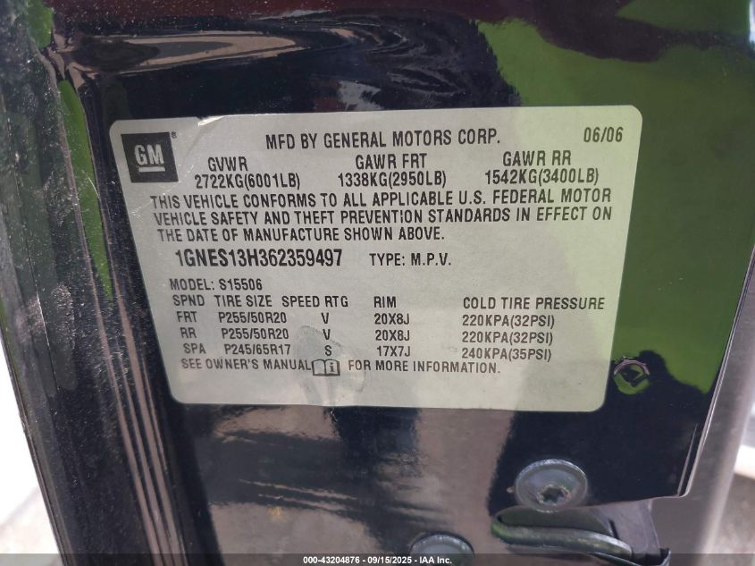 2006 Chevrolet Trailblazer Lt VIN: 1GNES13H362359497 Lot: 43204876