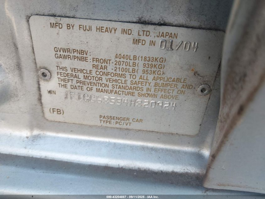 2004 Subaru Impreza Outback Sport VIN: JF1GG68534H820924 Lot: 43204887
