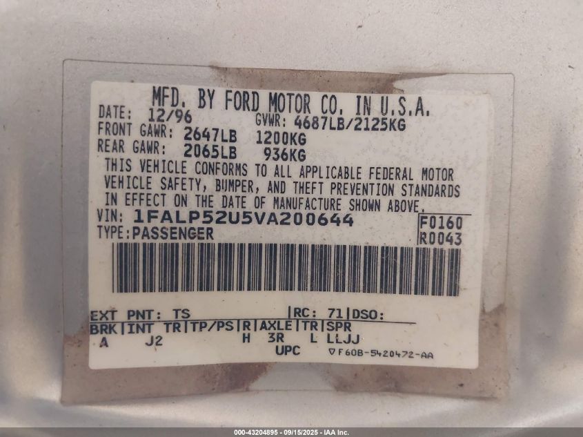 1997 Ford Taurus Gl VIN: 1FALP52U5VA200644 Lot: 43204895