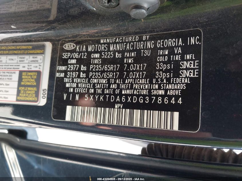 2013 Kia Sorento Lx VIN: 5XYKTDA6XDG378644 Lot: 43204905