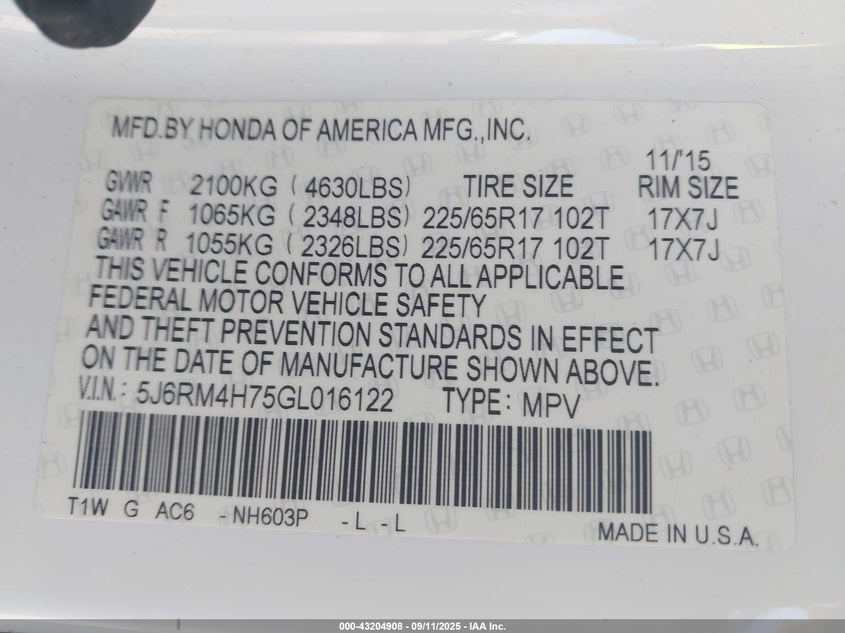 2016 HONDA CR-V EX-L - 5J6RM4H75GL016122