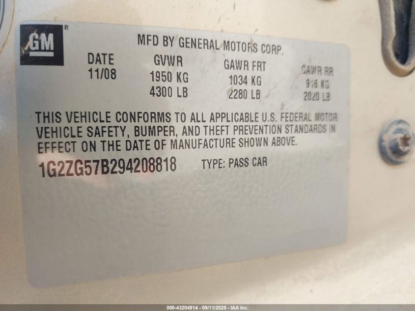 2009 Pontiac G6 VIN: 1G2ZG57B294208818 Lot: 43204914