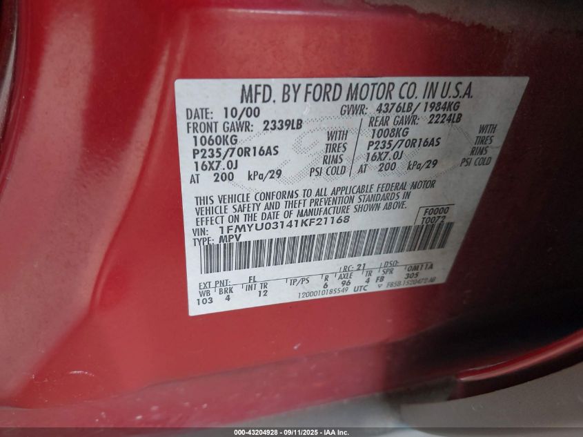 2001 Ford Escape Xlt VIN: 1FMYU03141KF21168 Lot: 43204928