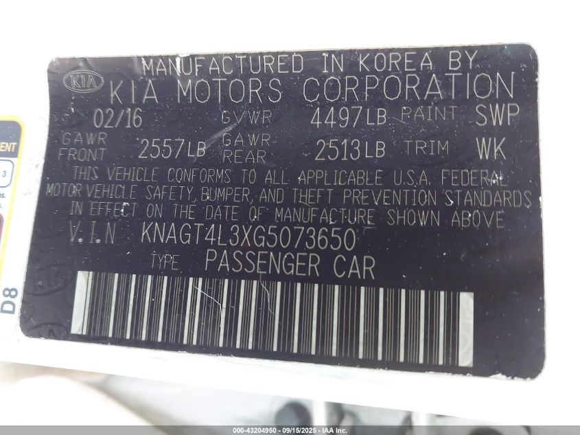 2016 Kia Optima Lx VIN: KNAGT4L3XG5073650 Lot: 43204950