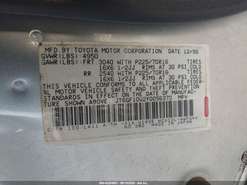 2000 Lexus Rx 300 VIN: JT6GF10U2Y0056370 Lot: 43204951