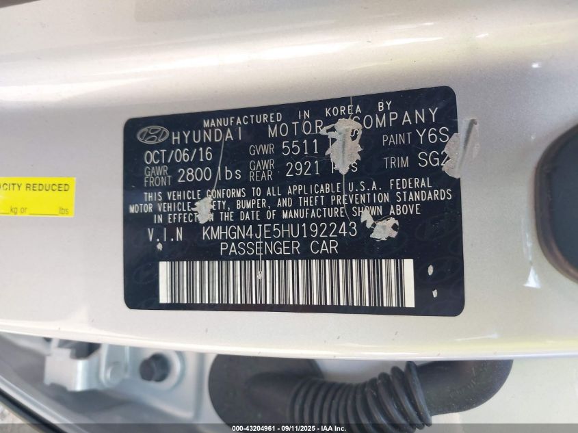 2017 Genesis G80 3.8 VIN: KMHGN4JE5HU192243 Lot: 43204961